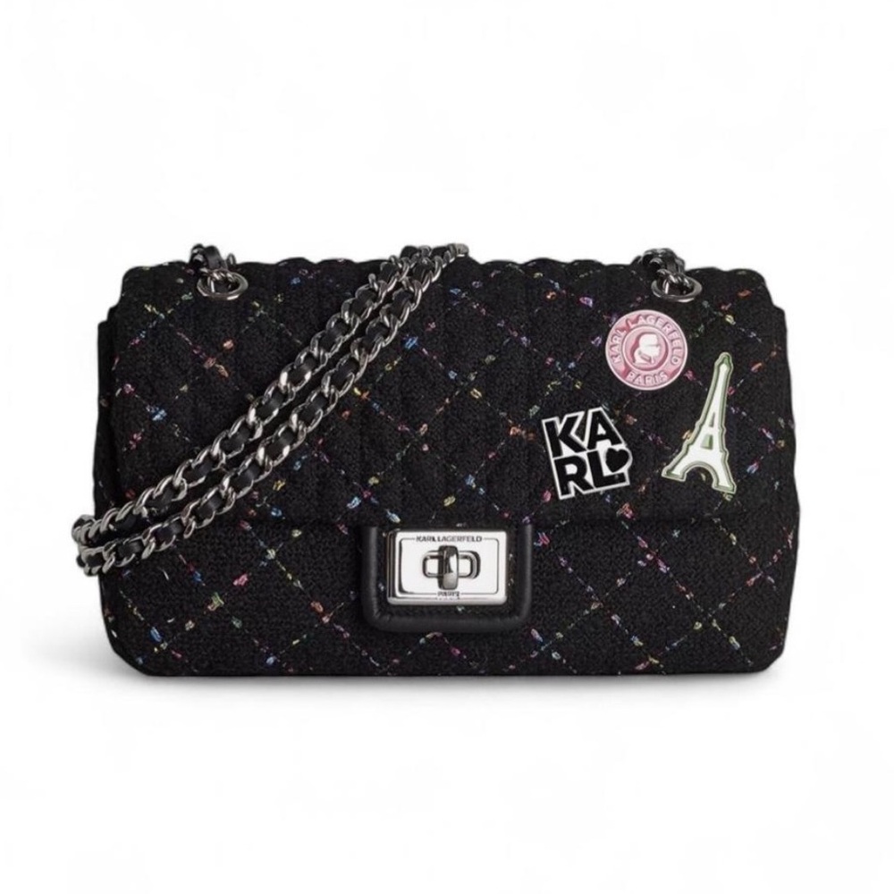 Karl Lagerfeld Black Quilted Shoulder Bag with Embellishments